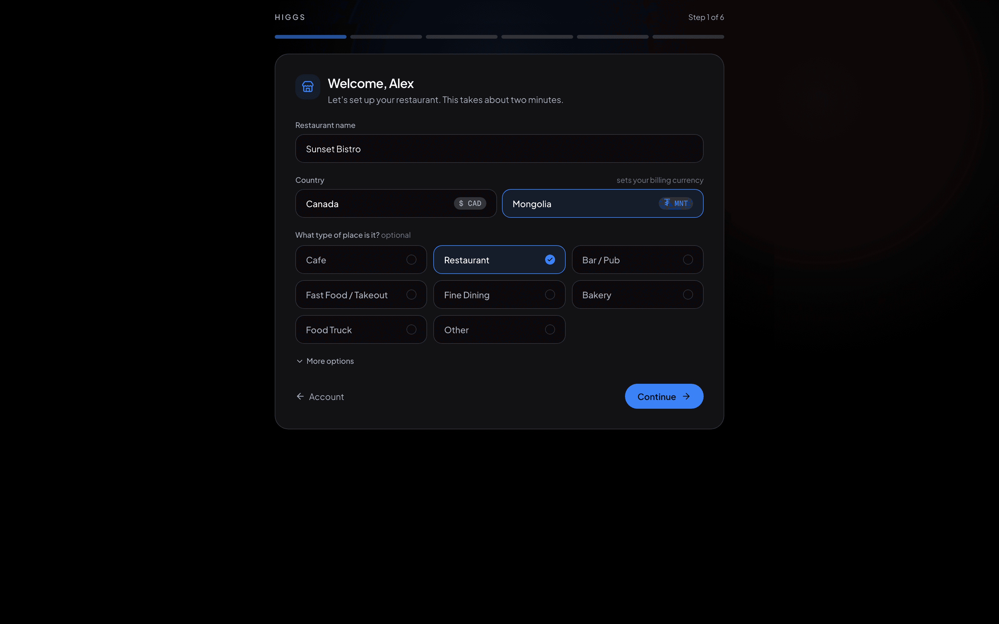 Restaurant creation form
