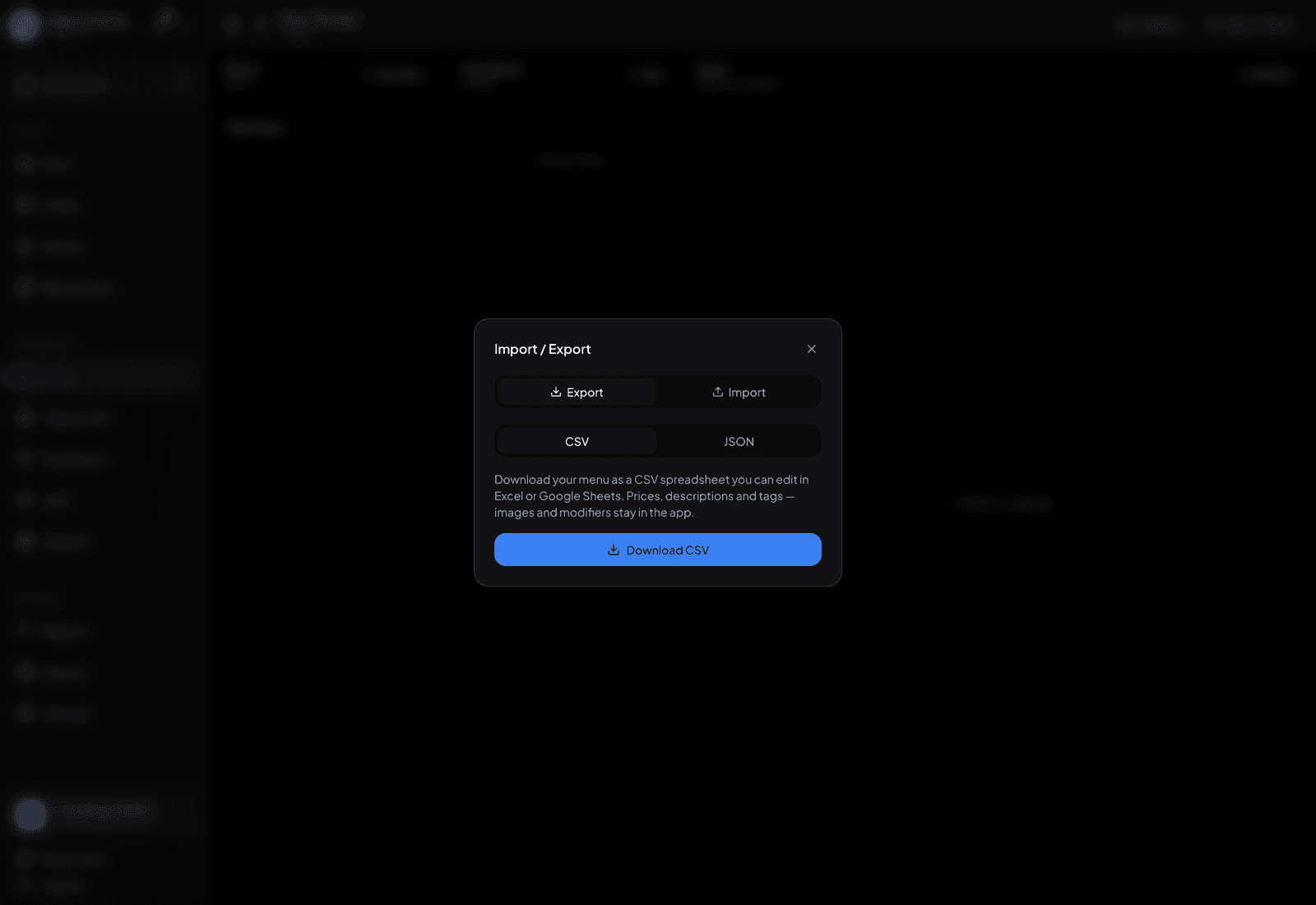 Import and export dialog